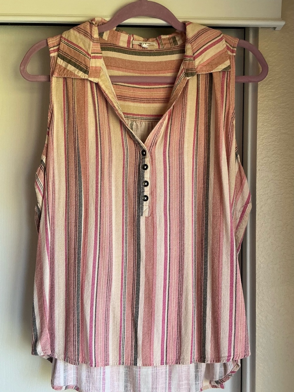 Maurices Striped Sleeveless Henley Tank - Pink, Cream, Tan